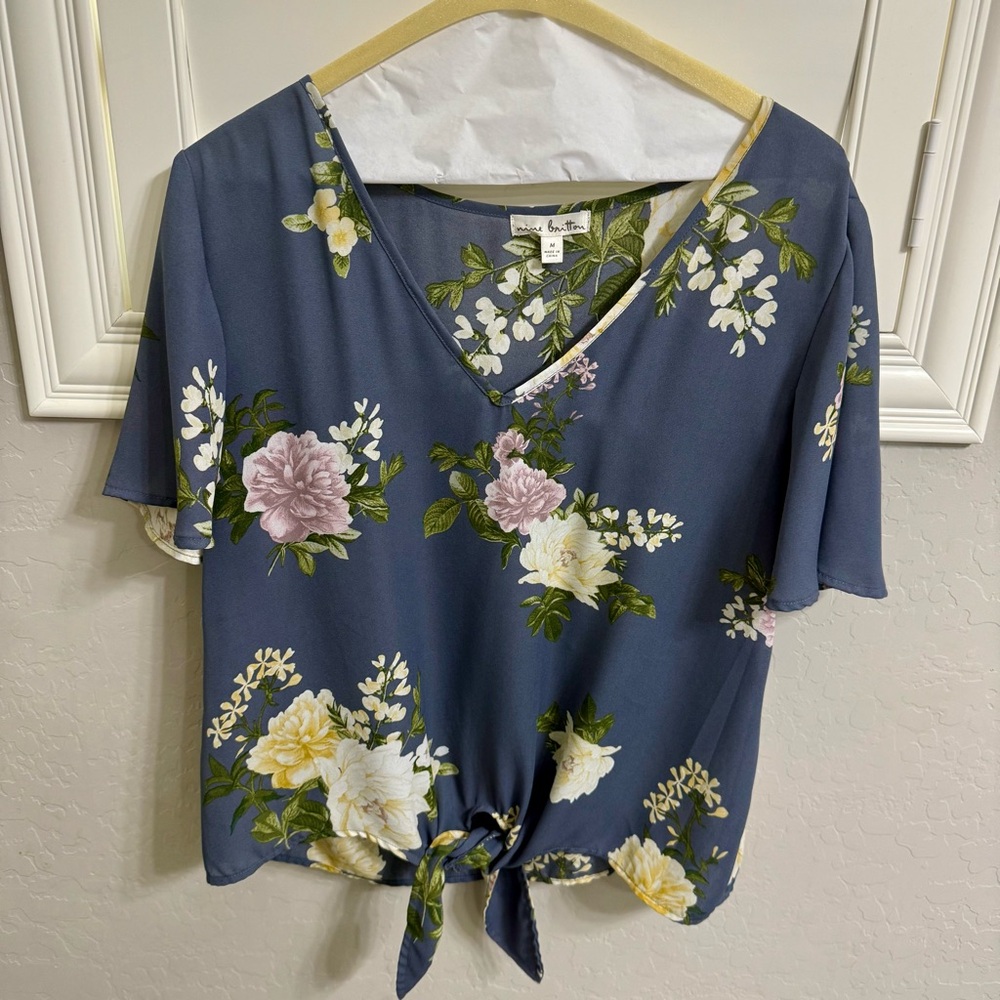 Nine Britton Blue Short Sleeve Tie-Front Blouse